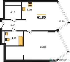 Планировка однокомнатной(квартира) площадью 61.8 квадратных метров в “ЖК Монблан”