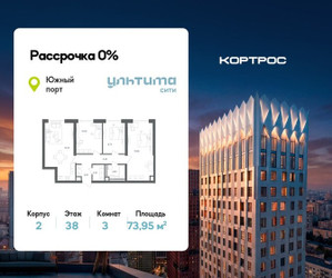 Планировка трехкомнатной(квартира) площадью 73.95 квадратных метров в ЖК “ЖК УЛЬТИМА Сити”