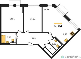 Планировка двухкомнатной(квартира) площадью 65.84 квадратных метров в “ЖК Рублевский Квартал”