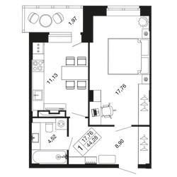 Планировка однокомнатной(квартира) площадью 44.2 квадратных метров в ЖК “ЖК Времена года”