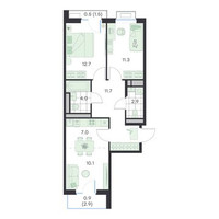 Планировка трехкомнатной(квартира) площадью 61.7 квадратных метров в “ЖК G3 Михалевич”