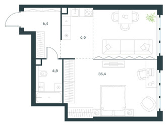 Планировка однокомнатной(квартира) площадью 53.1 квадратных метров в ЖК “ЖК Левел Южнопортовая”