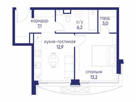 Планировка однокомнатной(квартира) площадью 42.42 квадратных метров в “ЖК Остров”