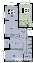 Планировка двухкомнатной(квартира) площадью 68.4 квадратных метров в ЖК “ЖК 1-й Южный (Первый Южный)”
