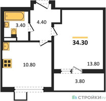 Планировка однокомнатной(квартира) площадью 34.3 квадратных метров в “ЖК Первый Лермонтовский”