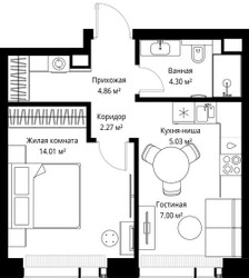 Планировка однокомнатной(квартира) площадью 37.47 квадратных метров в ЖК “ЖК Веер”