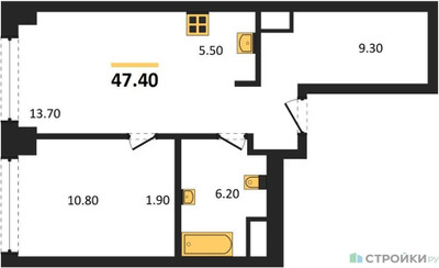 Планировка однокомнатной(квартира) площадью 47.4 квадратных метров в ЖК “ЖК Very (Вери)”