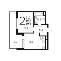 Планировка двухкомнатной(квартира) площадью 39.4 квадратных метров в “Новые Ватутинки. Заречный”