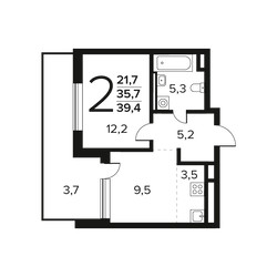 Планировка двухкомнатной(квартира) площадью 39.4 квадратных метров в ЖК “Новые Ватутинки. Заречный”