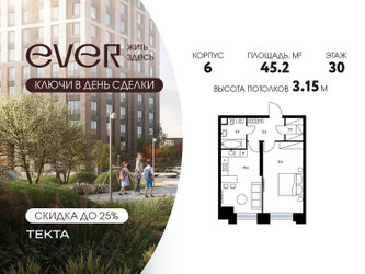 Планировка двухкомнатной(квартира) площадью 45.2 квадратных метров в ЖК “ЖК Ever (Эвер)”