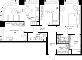 Планировка трехкомнатной(квартира) площадью 84.13 квадратных метров в “ЖК Веер”
