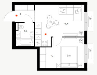 Планировка однокомнатной(квартира) площадью 32.9 квадратных метров в ЖК “ЖК Восточное Бутово”