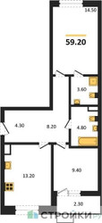 Планировка двухкомнатной(квартира) площадью 59.2 квадратных метров в ЖК “ЖК Прокшино”