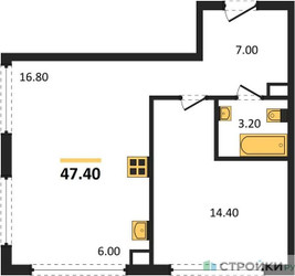 Планировка однокомнатной(квартира) площадью 47.4 квадратных метров в ЖК “ЖК Мангазея в Богородском”