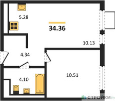 Планировка однокомнатной(квартира) площадью 34.36 квадратных метров в “ЖК Горки Парк”