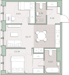 Планировка двухкомнатной(квартира) площадью 55.5 квадратных метров в ЖК “ЖК Среда на Кутузовском”