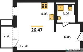 Планировка студии(квартира) площадью 26.47 квадратных метров в “ЖК Прибрежный Парк”