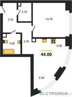 Планировка однокомнатной(квартира) площадью 44.5 квадратных метров в “ЖК АЛИА”