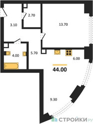 Планировка однокомнатной(квартира) площадью 44.5 квадратных метров в ЖК “ЖК АЛИА”