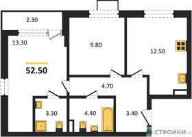 Планировка двухкомнатной(квартира) площадью 52.5 квадратных метров в “ЖК Прокшино”