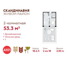 Планировка двухкомнатной(квартира) площадью 53.3 квадратных метров в “ЖК Скандинавия”