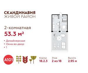 Планировка двухкомнатной(квартира) площадью 53.3 квадратных метров в ЖК “ЖК Скандинавия”