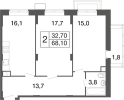 Планировка двухкомнатной(квартира) площадью 68.1 квадратных метров в “ЖК Времена года”