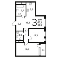 Планировка трехкомнатной(квартира) площадью 67.5 квадратных метров в “Новые Ватутинки. Заречный”
