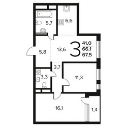 Планировка трехкомнатной(квартира) площадью 67.5 квадратных метров в ЖК “Новые Ватутинки. Заречный”