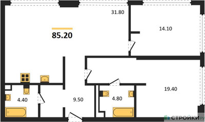 Планировка двухкомнатной(квартира) площадью 85.2 квадратных метров в ЖК “ЖК СТОУН Грэйн”
