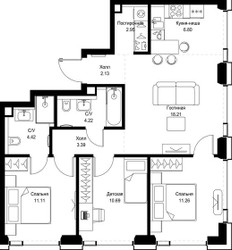 Планировка трехкомнатной(квартира) площадью 75.18 квадратных метров в ЖК “ЖК СЕТ”