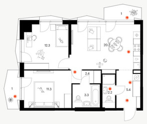 Планировка двухкомнатной(квартира) площадью 52.5 квадратных метров в ЖК “ЖК Плеханова 11”