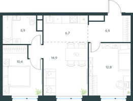 Планировка трехкомнатной(квартира) площадью 56.5 квадратных метров в “ЖК Левел Мичуринский”