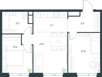 Планировка трехкомнатной(квартира) площадью 56.5 квадратных метров в ЖК “ЖК Левел Мичуринский”
