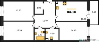 Планировка трехкомнатной(квартира) площадью 84.1 квадратных метров в “ЖК Одинцовские кварталы”