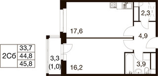 Планировка однокомнатной(квартира) площадью 44 квадратных метров в “ЖК Идеал”