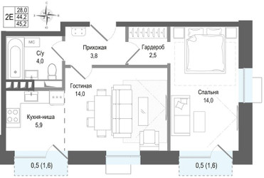 Планировка двухкомнатной(квартира) площадью 44.2 квадратных метров в ЖК “ЖК КИНОКВАРТАЛ”