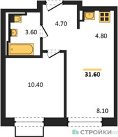 Планировка однокомнатной(квартира) площадью 31.6 квадратных метров в “ЖК Квартал Строгино”