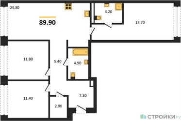Планировка трехкомнатной(квартира) площадью 89.9 квадратных метров в ЖК “ЖК Дом А”