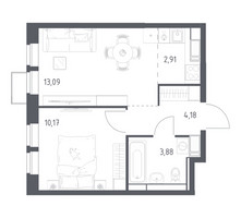 Планировка однокомнатной(квартира) площадью 34.23 квадратных метров в “ЖК Большое Путилково”