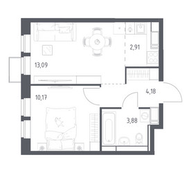 Планировка однокомнатной(квартира) площадью 34.23 квадратных метров в ЖК “ЖК Большое Путилково”