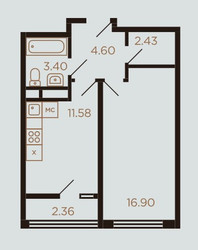 Планировка однокомнатной(квартира) площадью 42 квадратных метров в ЖК “ЖК Миниполис Рафинад”