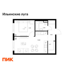 Планировка однокомнатной(квартира) площадью 39.58 квадратных метров в ЖК “ЖК Ильинские луга”