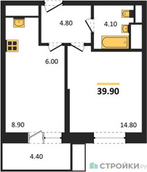 Планировка однокомнатной(квартира) площадью 39.9 квадратных метров в ЖК “ЖК Союзный”