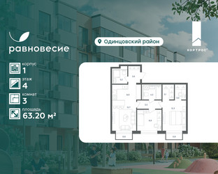 Планировка трехкомнатной(квартира) площадью 63.2 квадратных метров в ЖК “ЖК Равновесие”