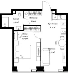 Планировка однокомнатной(квартира) площадью 43.37 квадратных метров в ЖК “Мультиквартал СИТИДЗЕН”