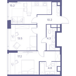 Планировка двухкомнатной(квартира) площадью 65.2 квадратных метров в ЖК “ЖК THE LOT by Akvilon”
