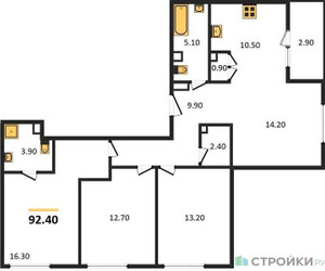 Планировка трехкомнатной(квартира) площадью 92.4 квадратных метров в ЖК “ЖК Режиссер”