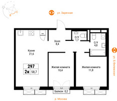 Планировка двухкомнатной(квартира) площадью 58.7 квадратных метров в “ЖК Западный Порт”