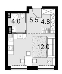 Планировка однокомнатной(квартира) площадью 45.2 квадратных метров в ЖК “ЖК MALEVICH (Малевич)”